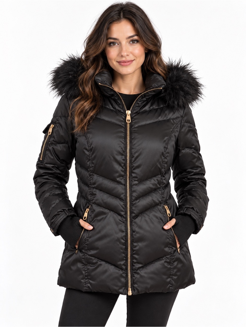 Steve Madden Black Down Quilted Faux Fur Hood Puffer Coat Sz M